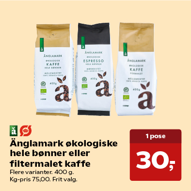 Änglamark økologiske hele bønner eller filtermalet kaffe