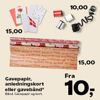 Bånd 10,00. Gavepapir og kort 15,00.