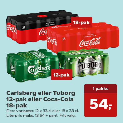 Carlsberg eller Tuborg 12 pk eller Coca-Cola 18 pk.